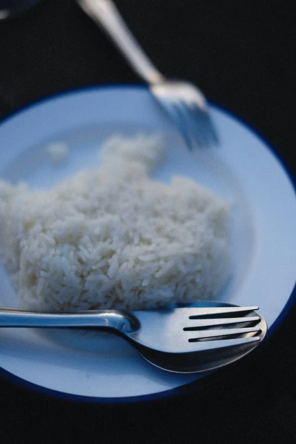 Foto ilustrativa de arroz branco no prato com talheres